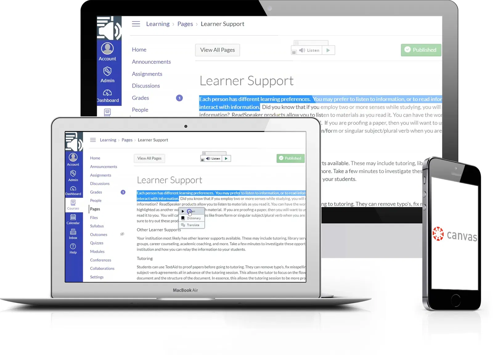 Three devices displaying the Canvas platform with interactive features.