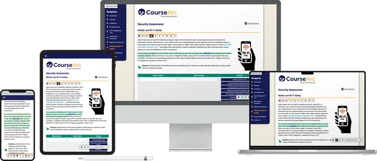 CourseArc learning interface displayed on multiple devices with ReadSpeaker text-to-speech tool.