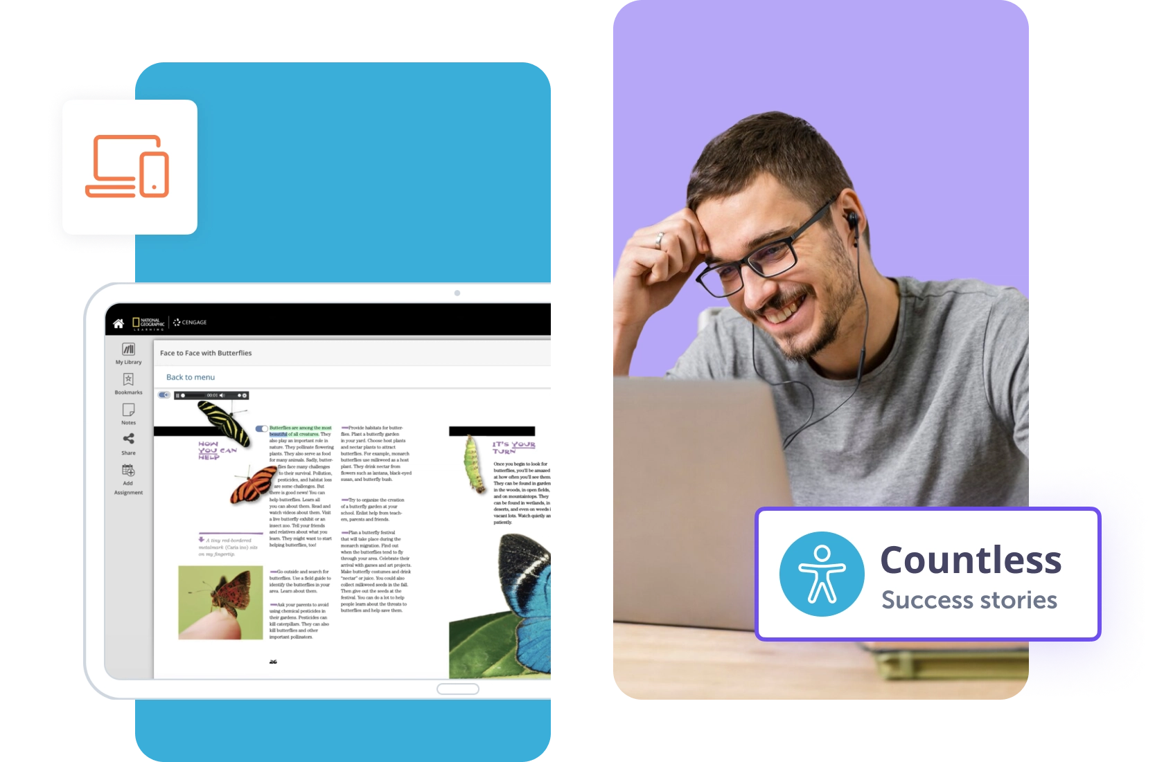 Man smiling at a laptop with educational content about butterflies displayed on a tablet.
