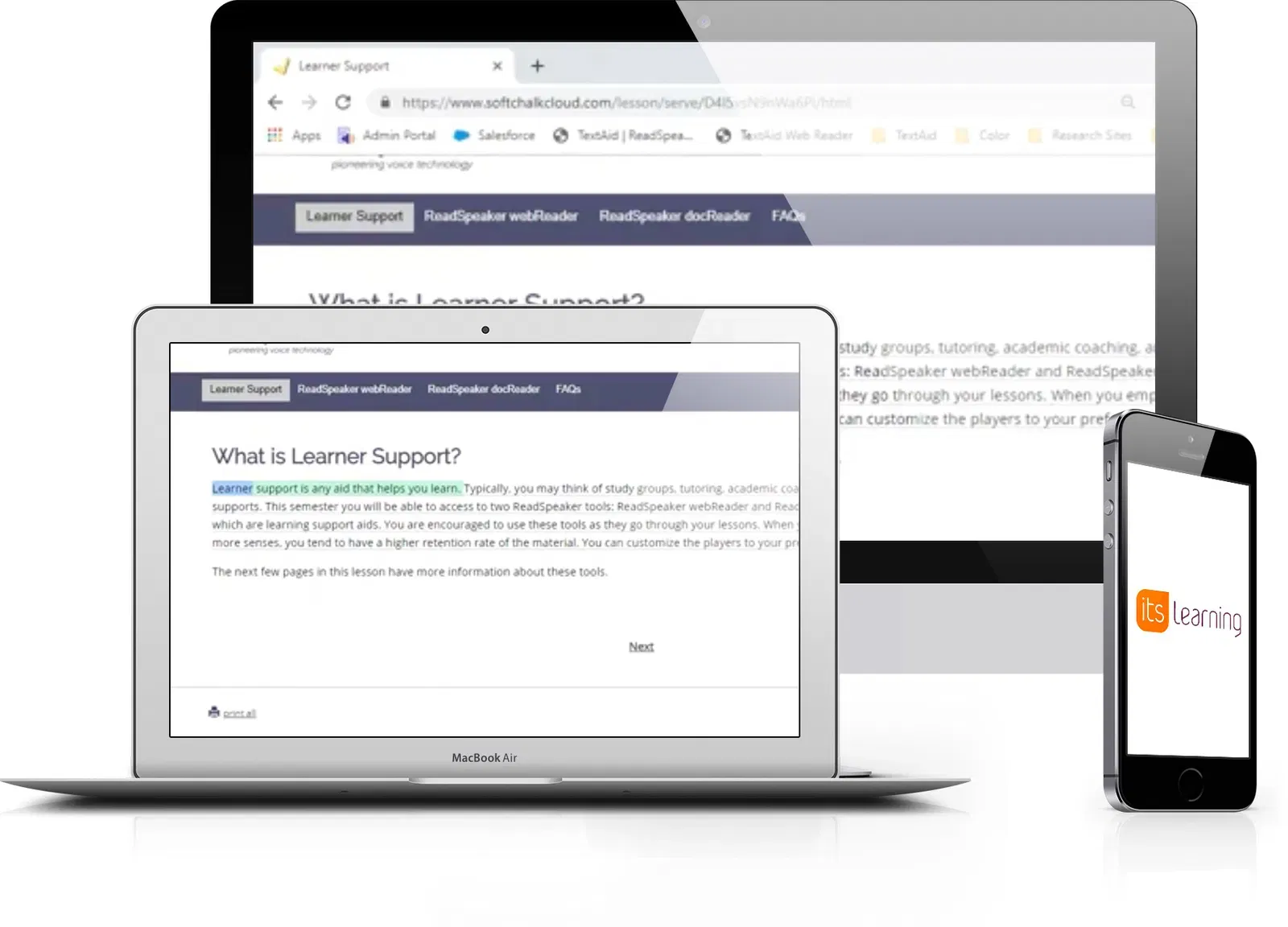 ReadSpeaker interface displayed on itslearning platform, highlighting learning modules and resources.