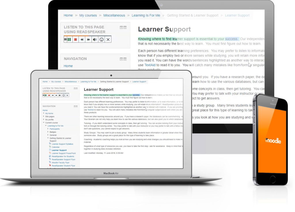Three devices displaying Moodle platform and ReadSpeaker features.