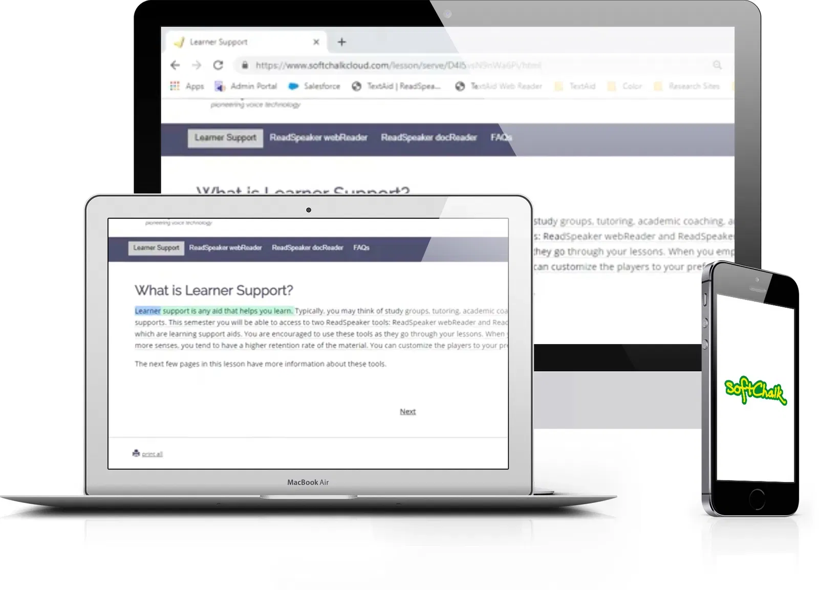 Softchalk learning interface displayed on multiple devices with ReadSpeaker text-to-speech tool.