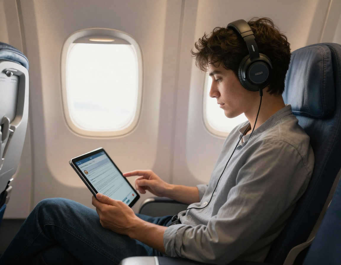 Un hombre sentado en un avión usa una tableta mientras lleva auriculares.