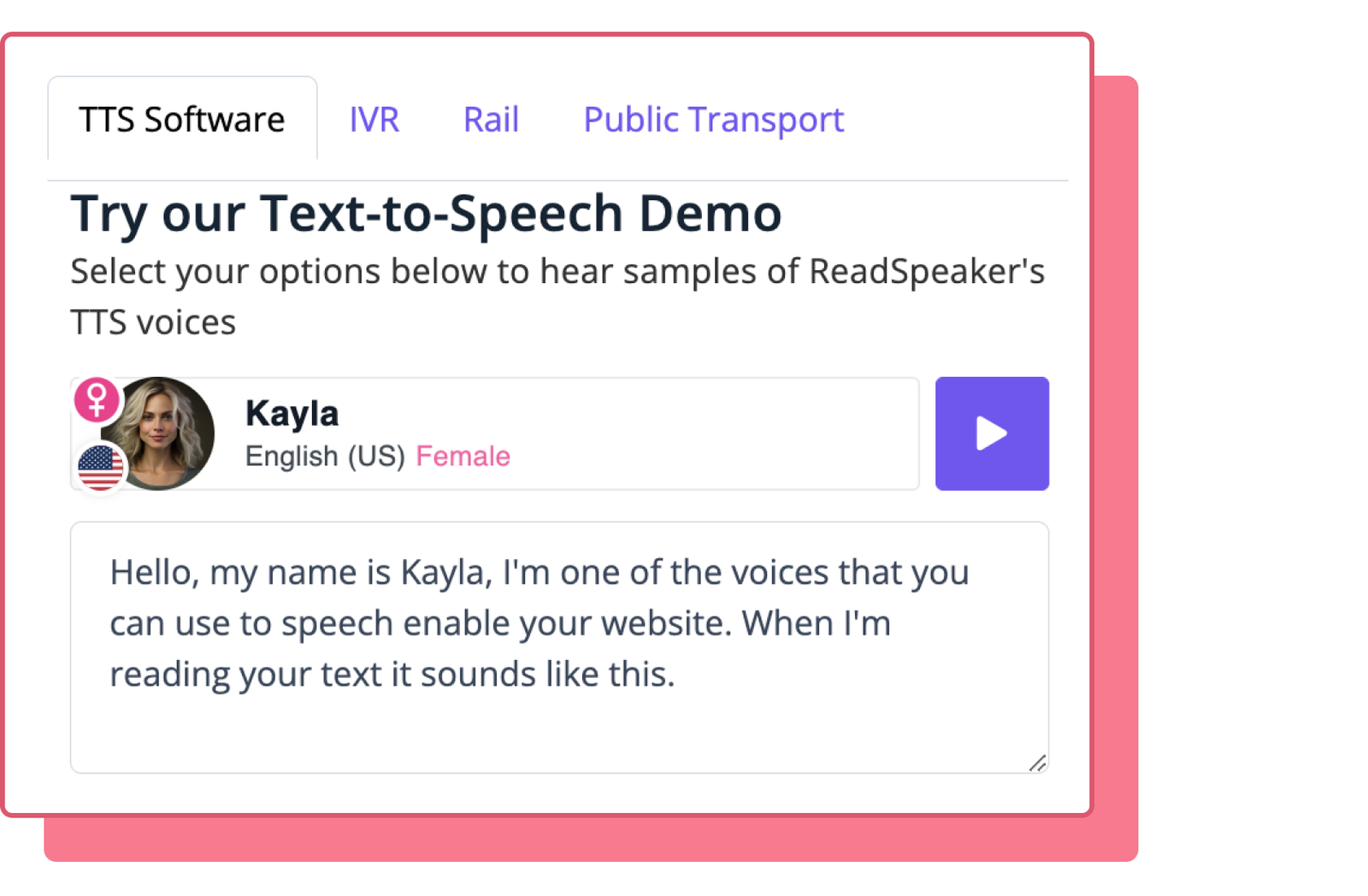 Text-to-speech demo interface featuring voice options and audio playback button.