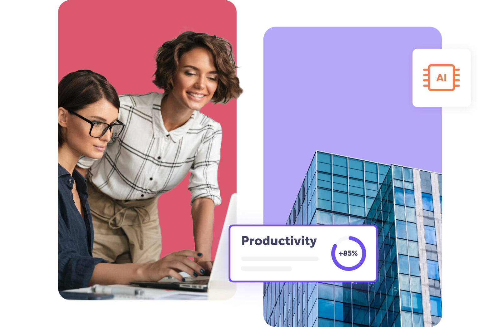 Two women collaborating on a laptop with a modern office background and productivity stats.