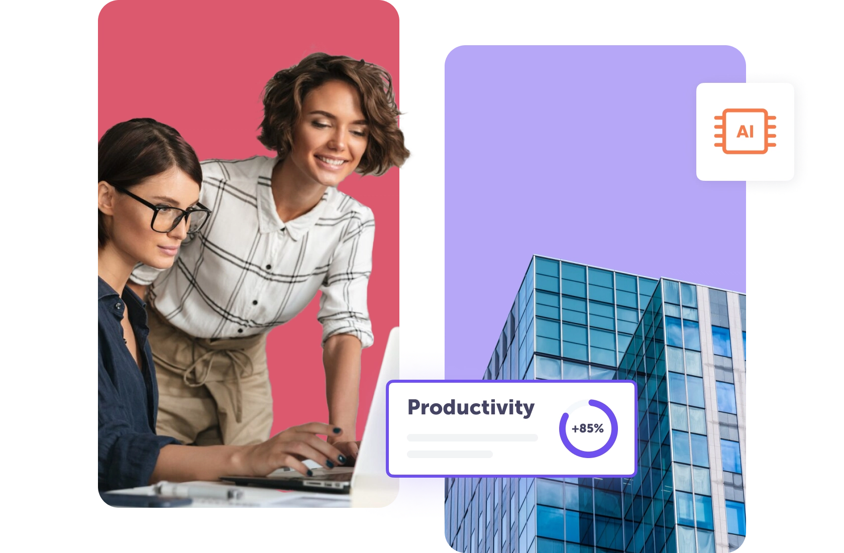 Two women collaborating on a laptop with a modern office background and productivity stats.