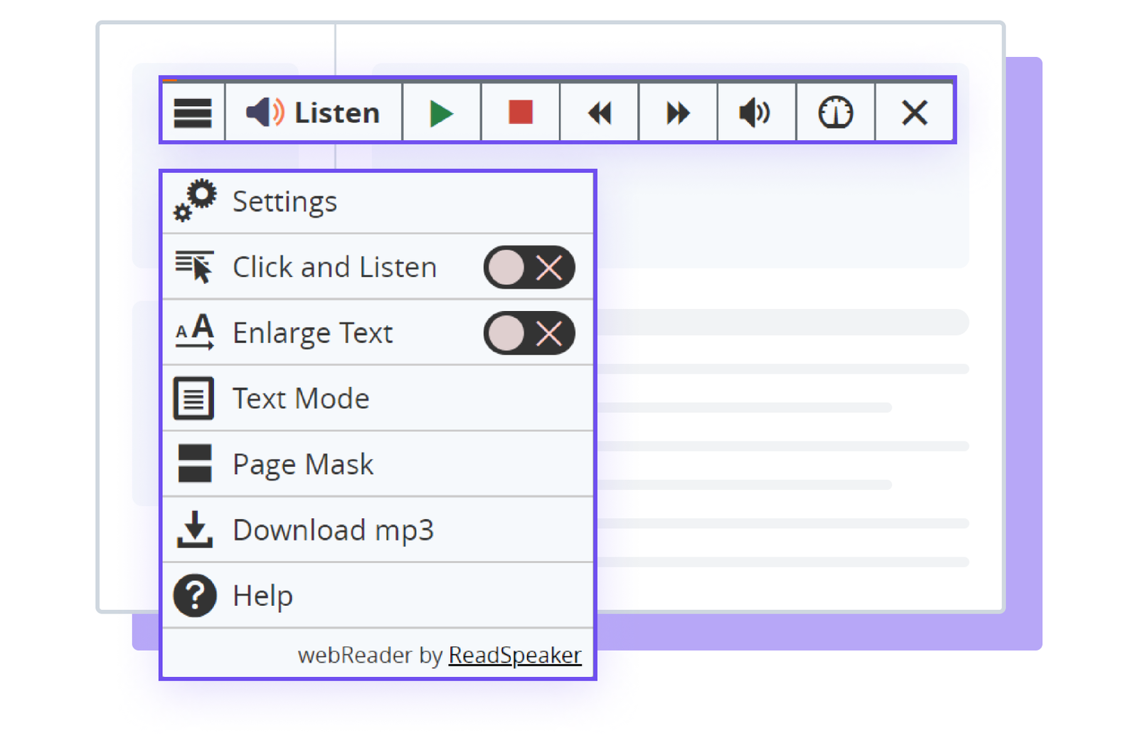 WebReader interface displaying audio options and accessibility features for enhanced user experience.