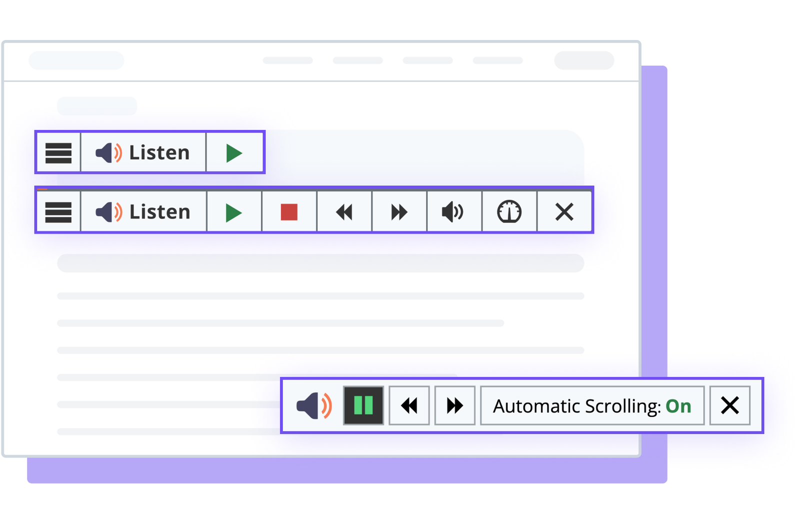 Audio control interface with play, pause, and automatic scrolling features displayed.