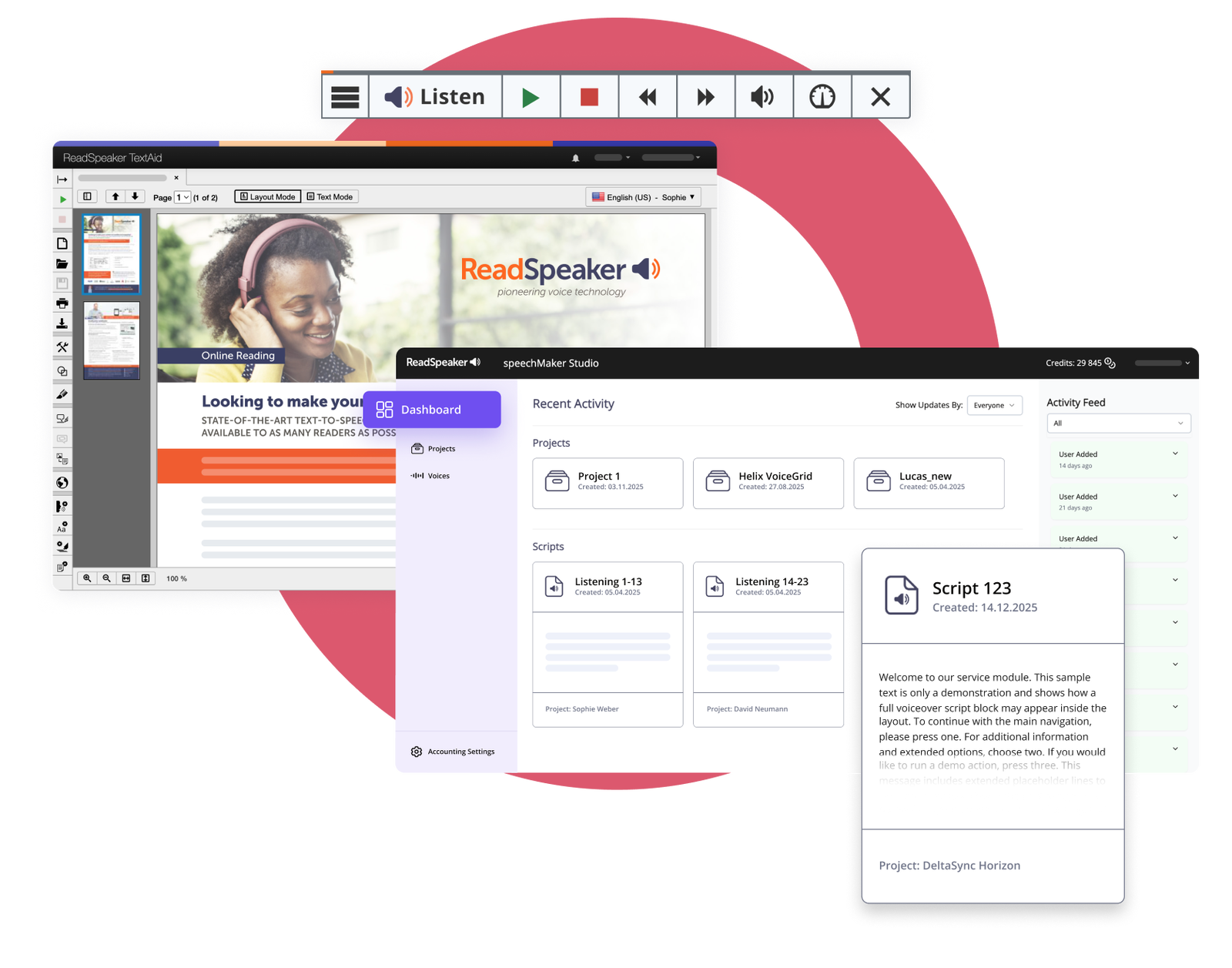 User interface of ReadSpeaker TextAid with audio settings and online reading features displayed.