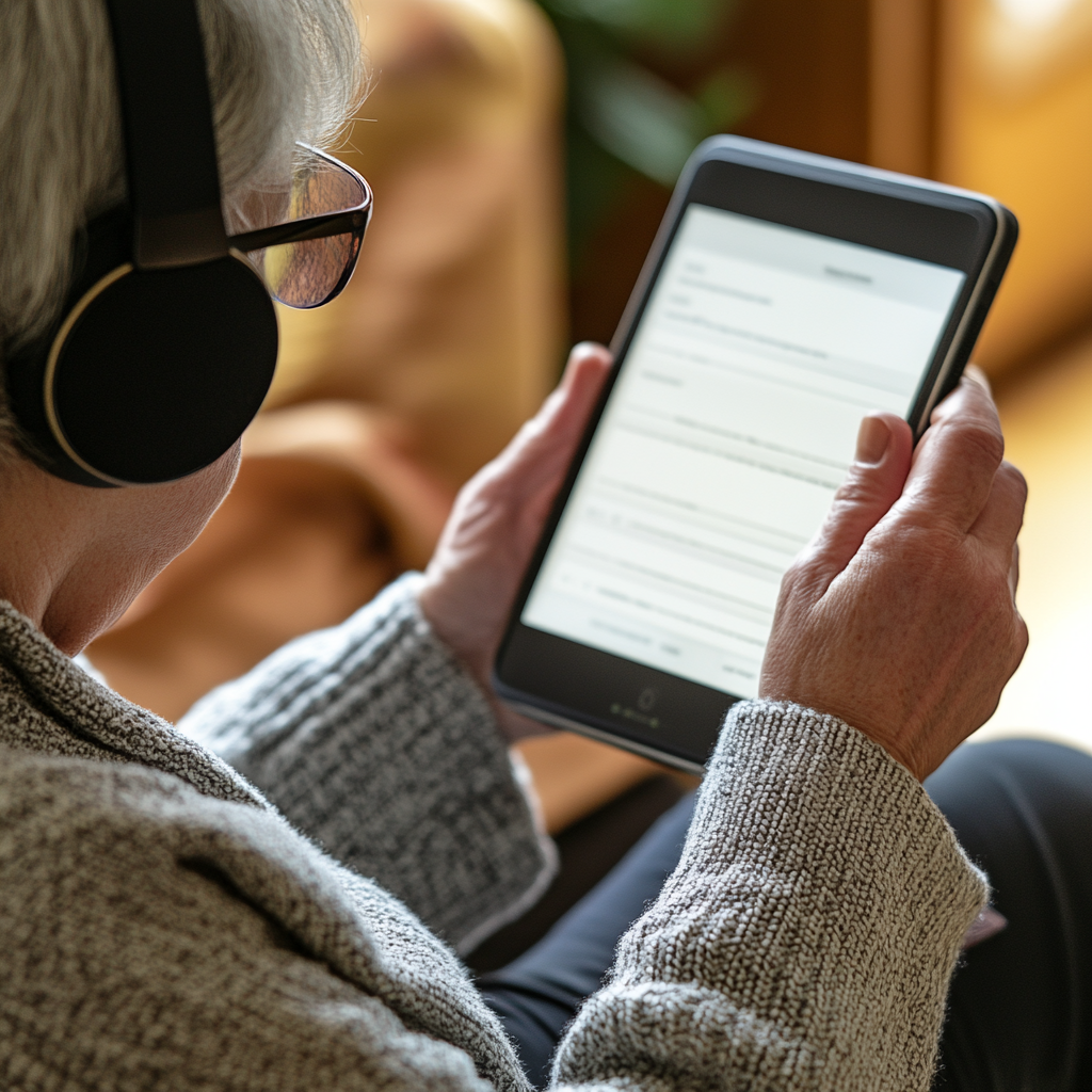 Eldre person med hodetelefoner som bruker et nettbrett.