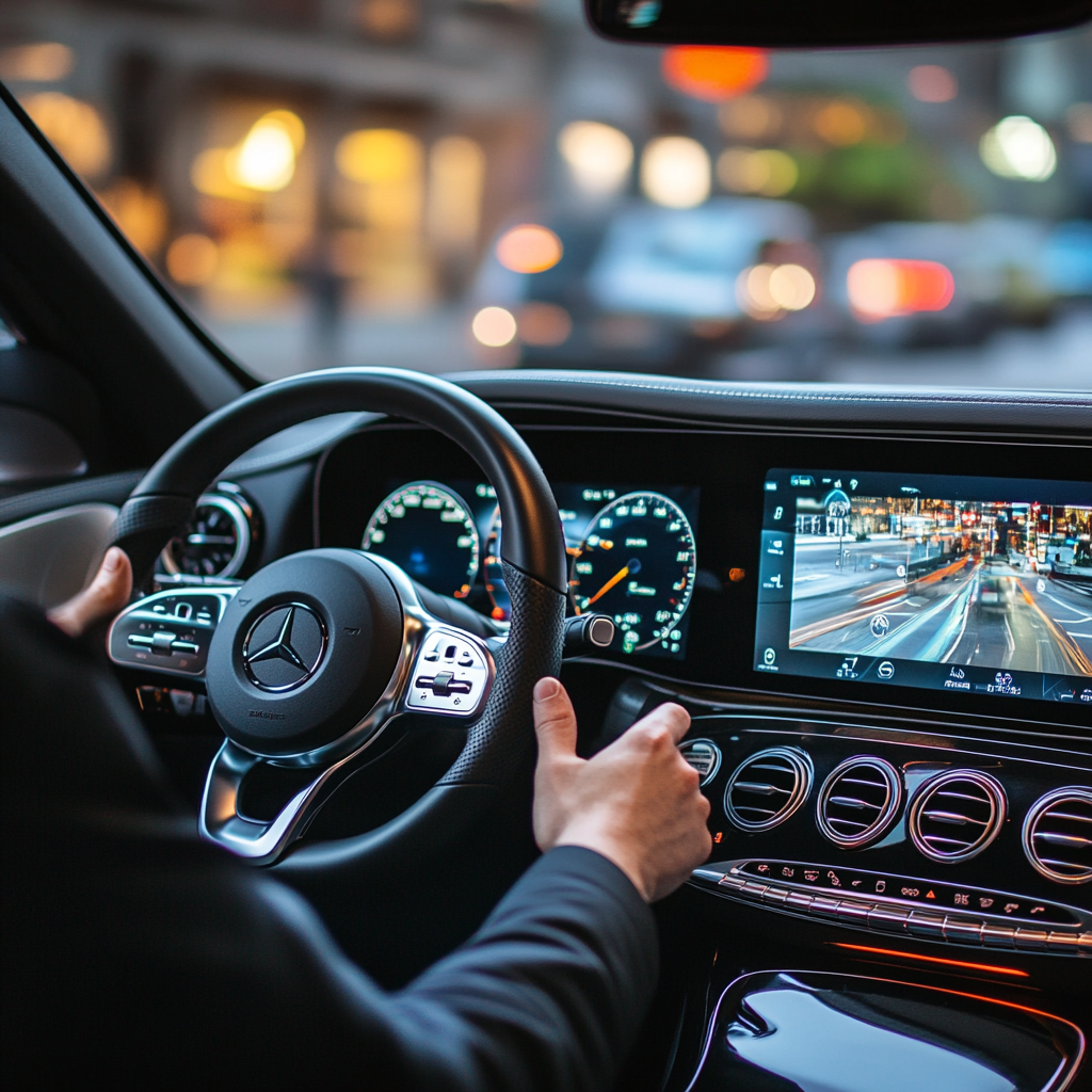 Førers hender på et Mercedes-ratt med et digitalt dashbord og bylys i bakgrunnen.