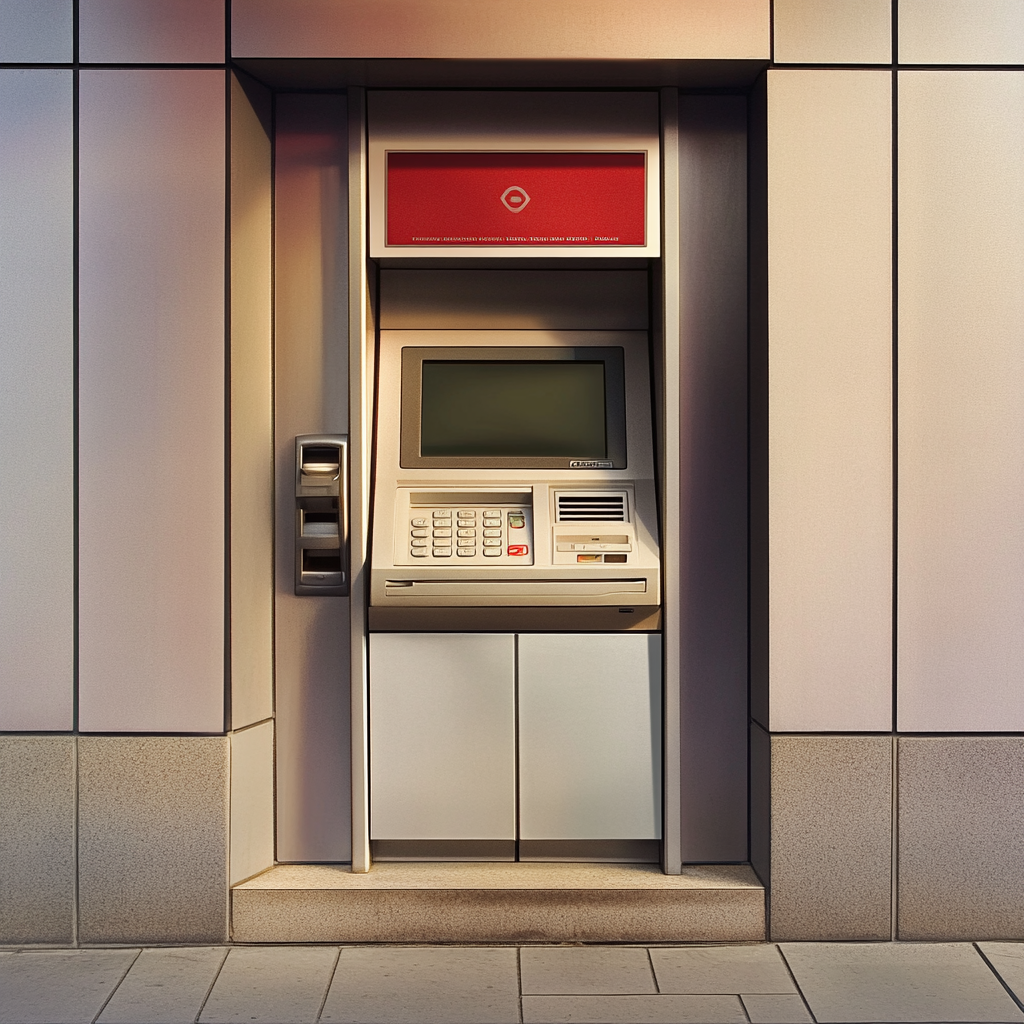 Moderne minibank mot en slank urban vegg med digital skjerm og tastatur.