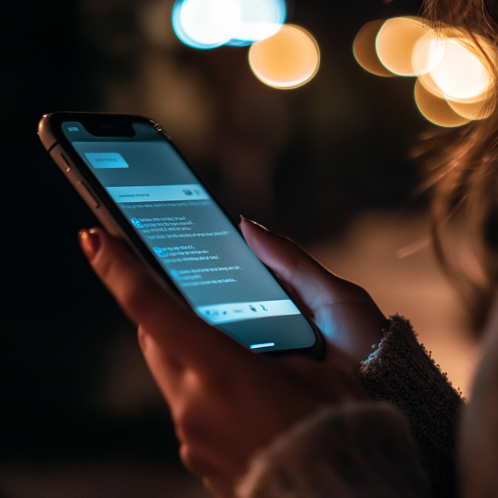 Person som holder en smarttelefon om natten, opplyst av bokeh-lys i bakgrunnen.