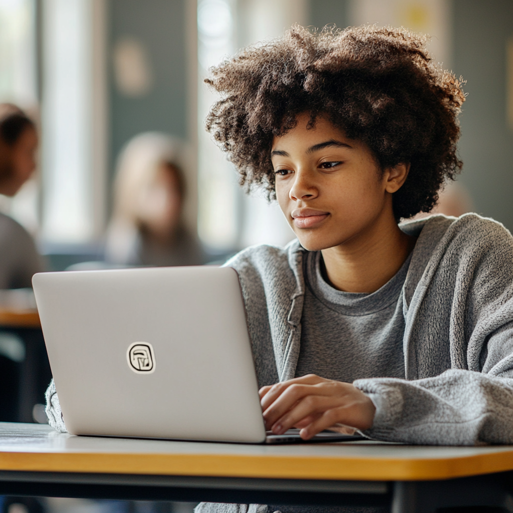 Ung kvinne med krøllete hår fokusert på laptop i et lyst, avslappet arbeidsmiljø.