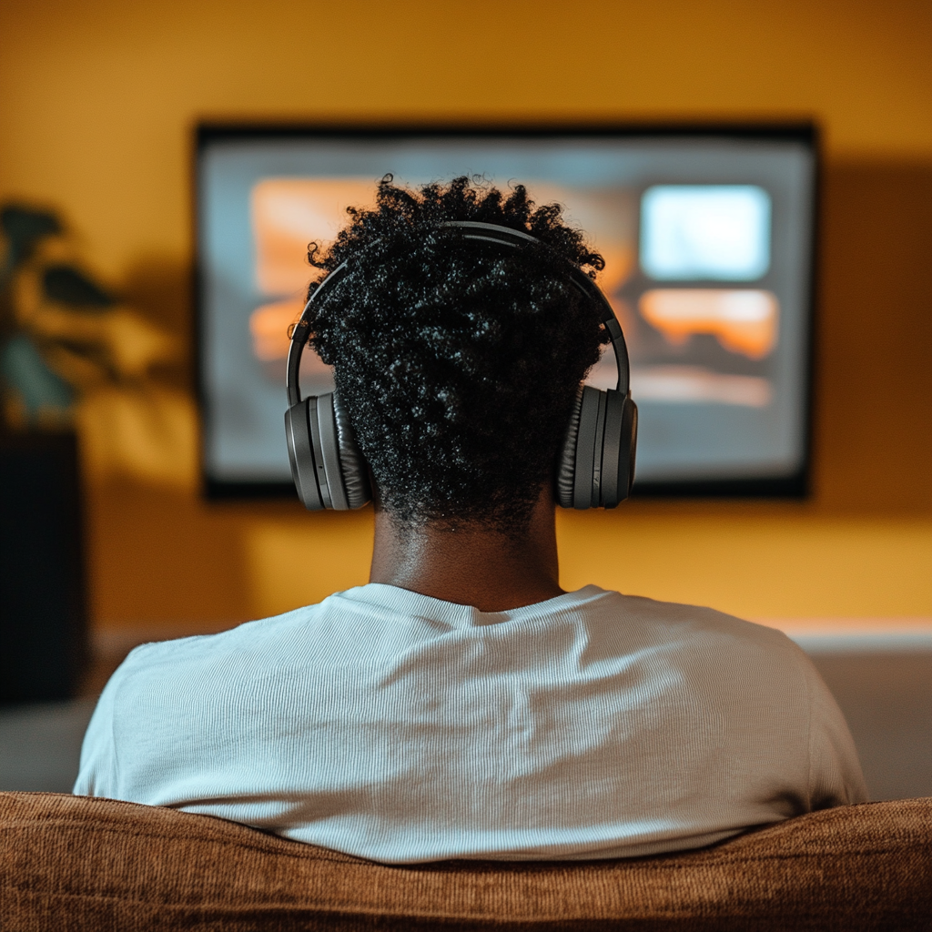 Person med hodetelefoner som ser på TV i en koselig stue.