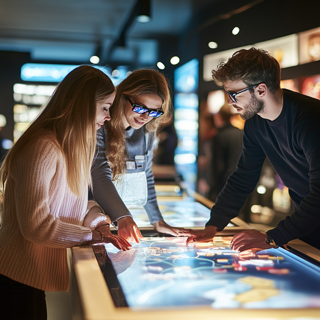 Tre venner som interagerer med interaktive skjermer i et moderne utstillingsrom.