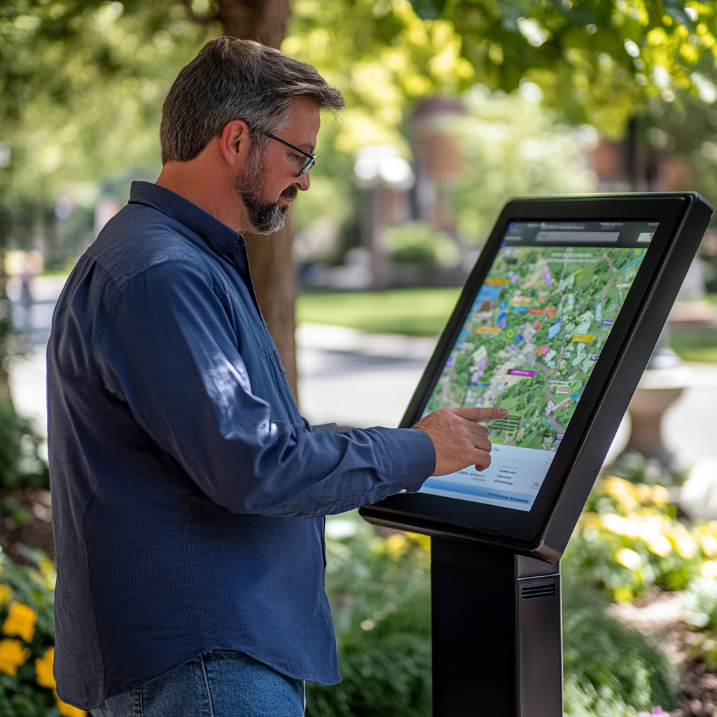 Mann som interagerer med et digitalt kart i en park, omgitt av trær og blomster.