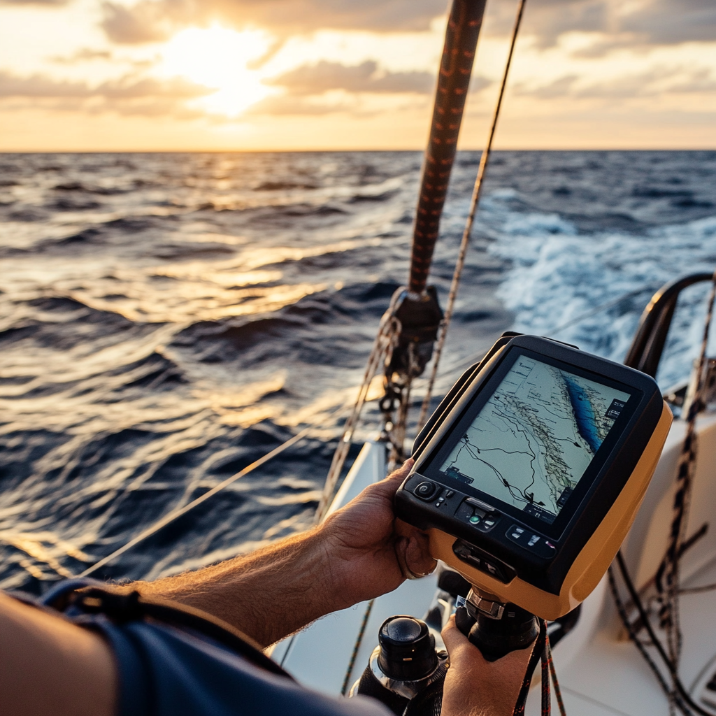 Sjømann som bruker en GPS-enhet på en båt i solnedgangen med havbølger i bakgrunnen.
