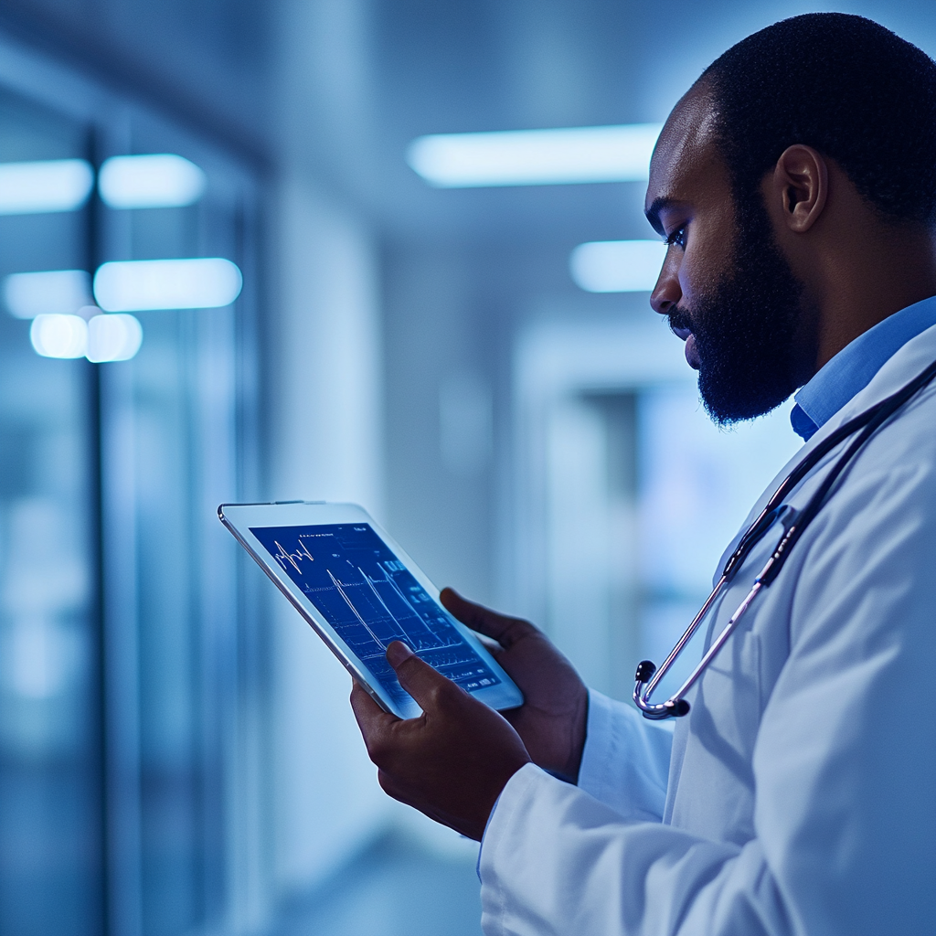 Lege som analyserer pasientdata på et nettbrett i en moderne sykehuskorridor.