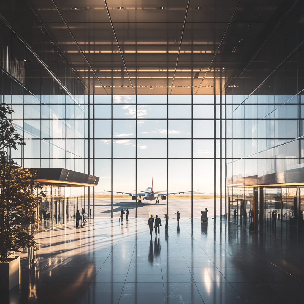 Moderne flyterminalinteriør med store glassvinduer og et fly på rullebanen.