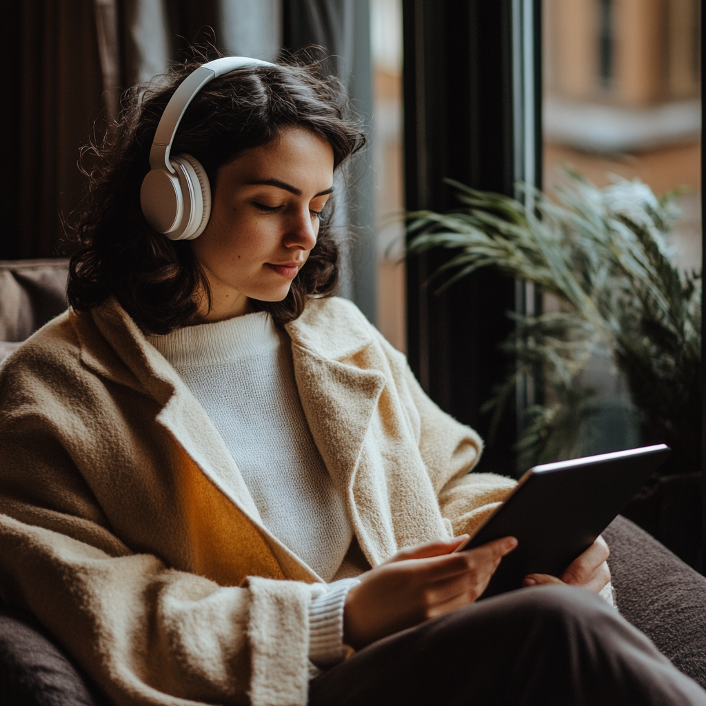 Ung kvinne med hodetelefoner leser på et nettbrett, koselig miljø med planter ved vinduet.
