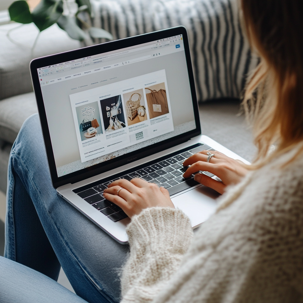 Person som skriver på en laptop, utforsker kreative designideer på en koselig sofa.