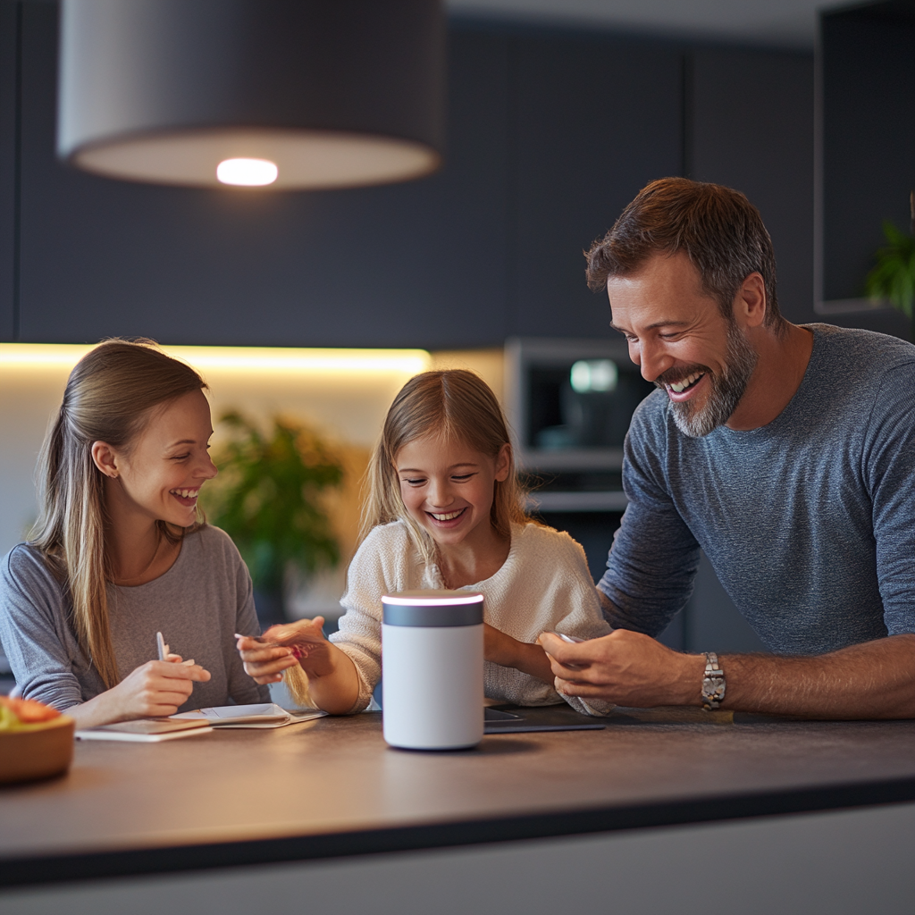 Familie som nyter tid sammen på et moderne kjøkken, ler og samhandler med en enhet.
