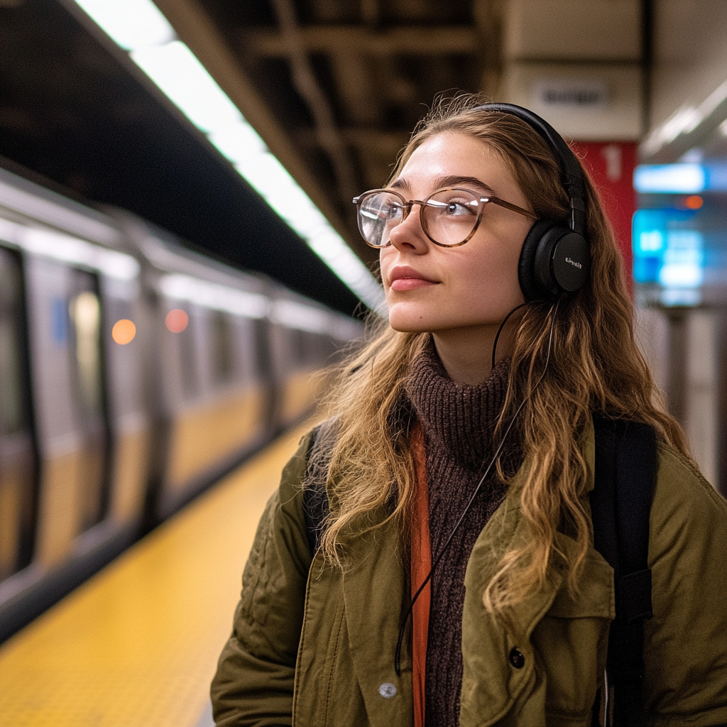 Ung kvinne med briller og hodetelefoner som venter på en t-banestasjon.
