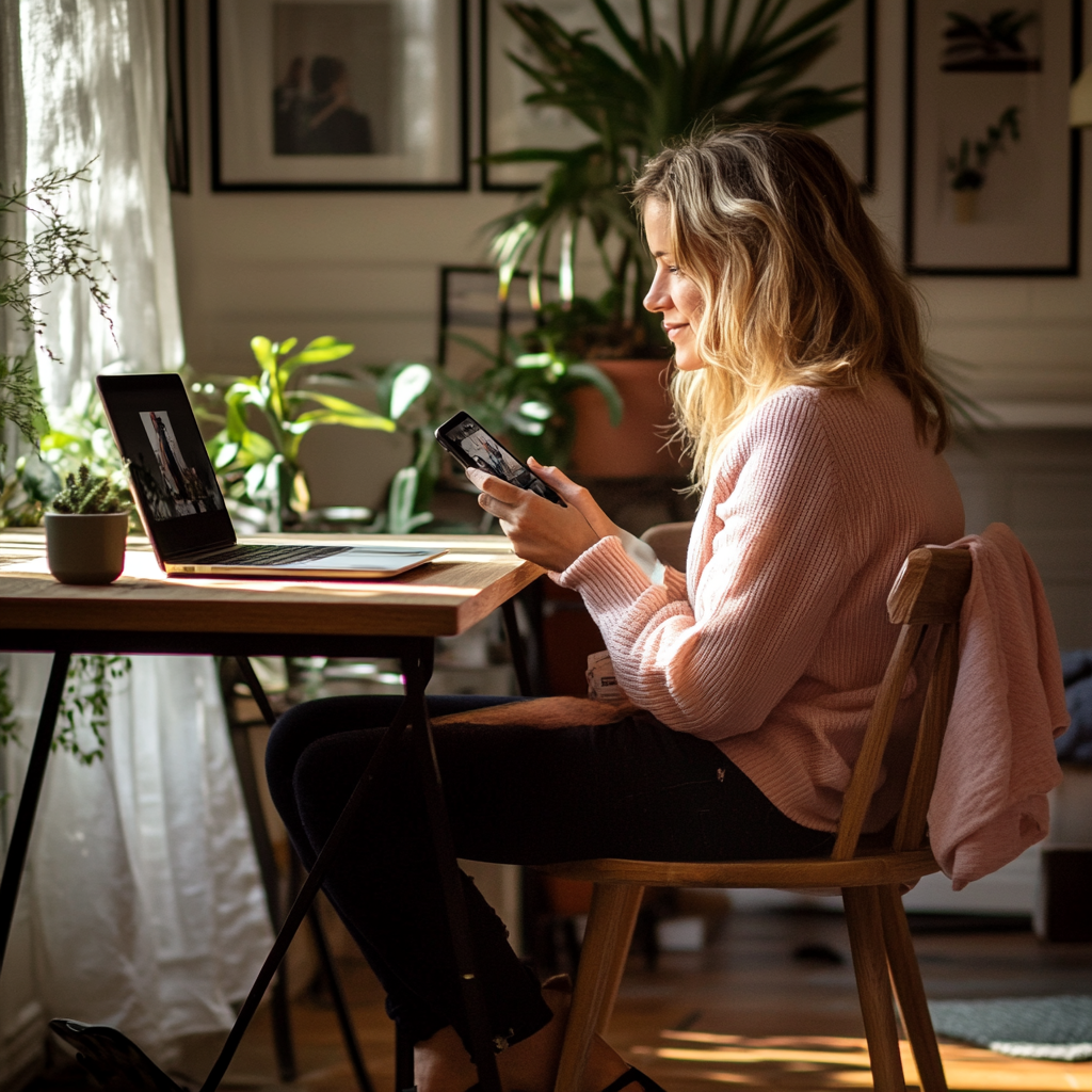 Kvinne som sitter ved et skrivebord, bruker en smarttelefon, med en laptop og planter i et koselig rom.