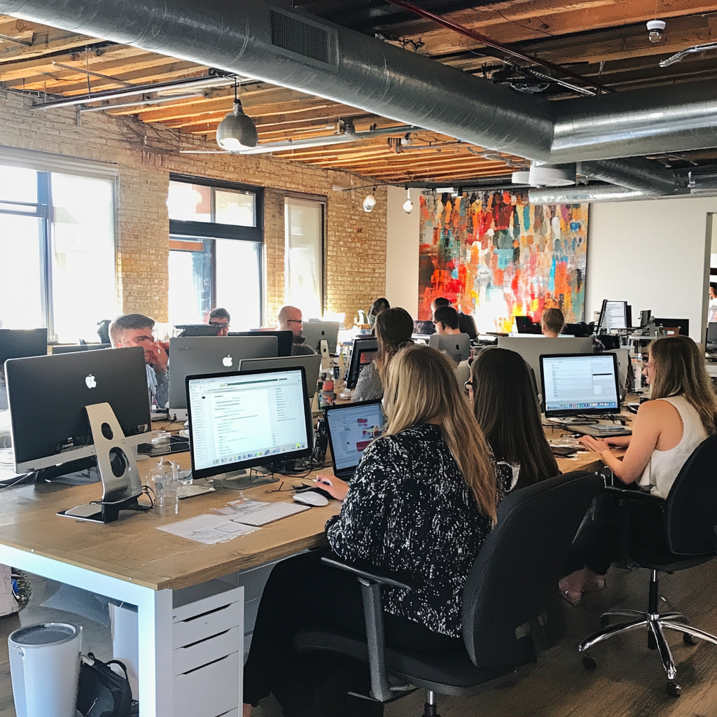 Åpent kontorlandskap med profesjonelle som jobber på datamaskiner og fargerik kunst i bakgrunnen.