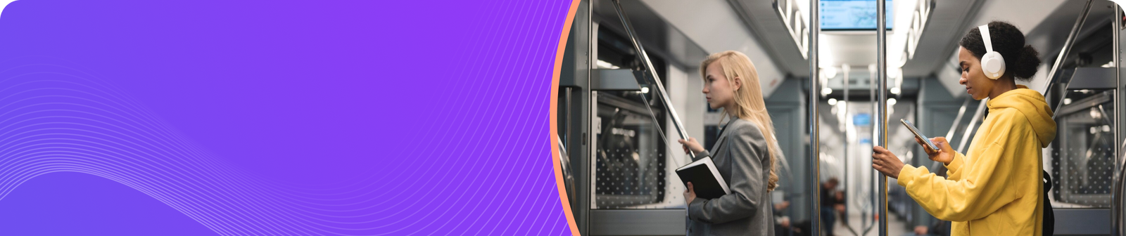 Two women in a subway, one reading and the other listening to music on headphones.