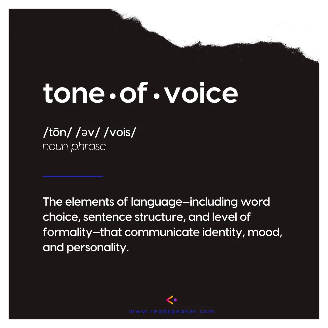A torn piece of black paper showing a dictionary entry for the term tone of voice, which defines tone of voice as the elements of language, including word choice, sentence structure, and level of formality, that communicate identity, mood, and personality.