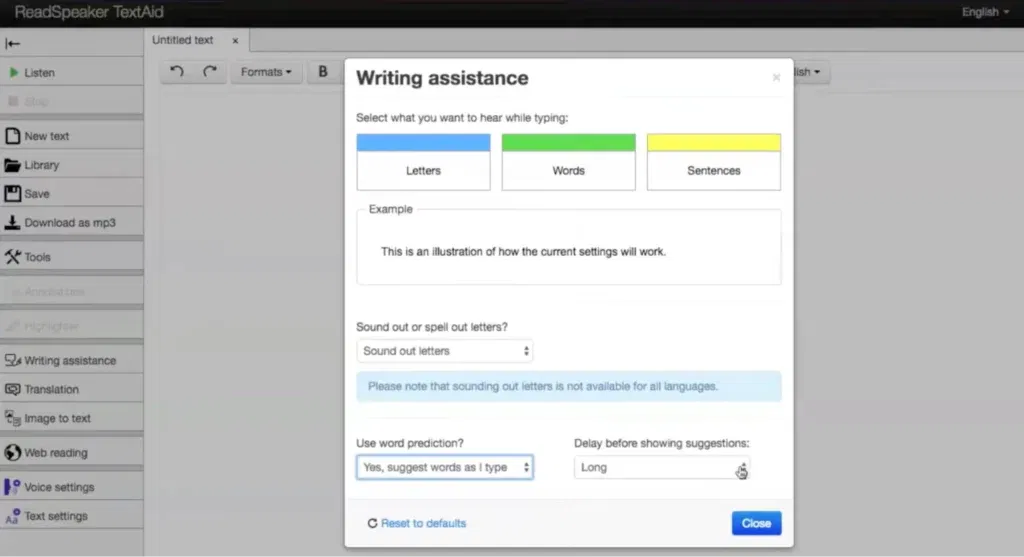 Assistive technology for dyslexia: Screenshot of ReadSpeaker TextAid user interface showing the writing assistance features.