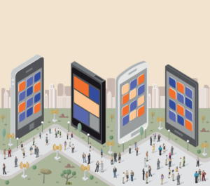 Uma ilustração representando edifícios substituídos por smartphones