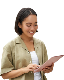 Young Asian woman smiling with tablet