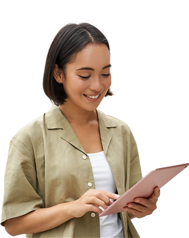Young Asian woman smiling with tablet