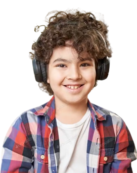 Smiling young boy wearing headphones