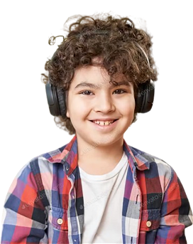 Smiling young boy wearing headphones