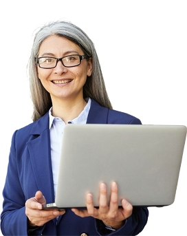 Mature businesswoman wearing classic suit and glasses looking at laptop