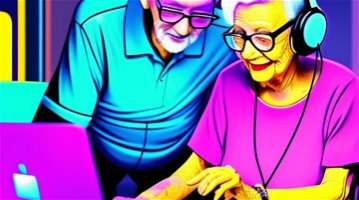 Two elderly people in front of a computer