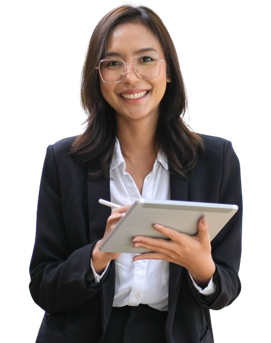 A smiling woman with glasses holds a tablet