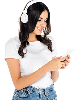 Smiling young woman with headphones using smartphone