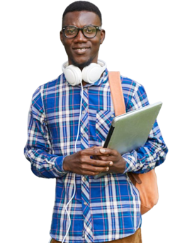 Black young man with headphones and a laptop