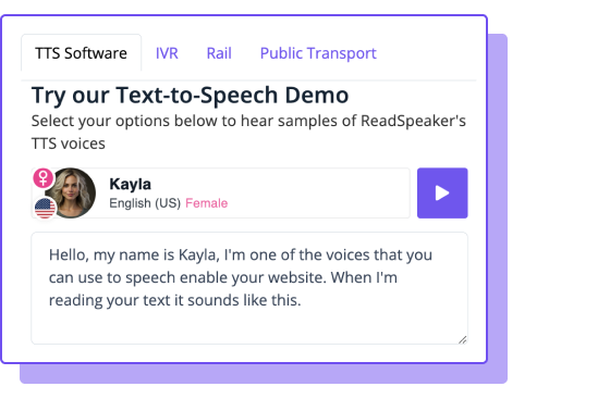ReadSpeaker demo tool illustration with American Female avatar the name of the voice is Kayla