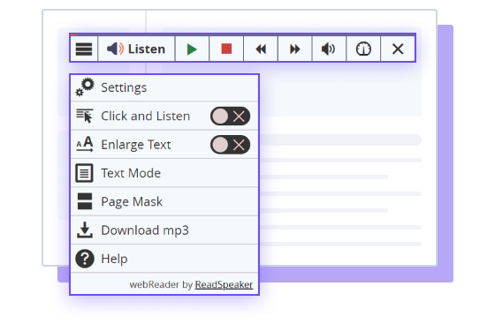 ReadSpeaker webReader tool illustration with options and settings shown