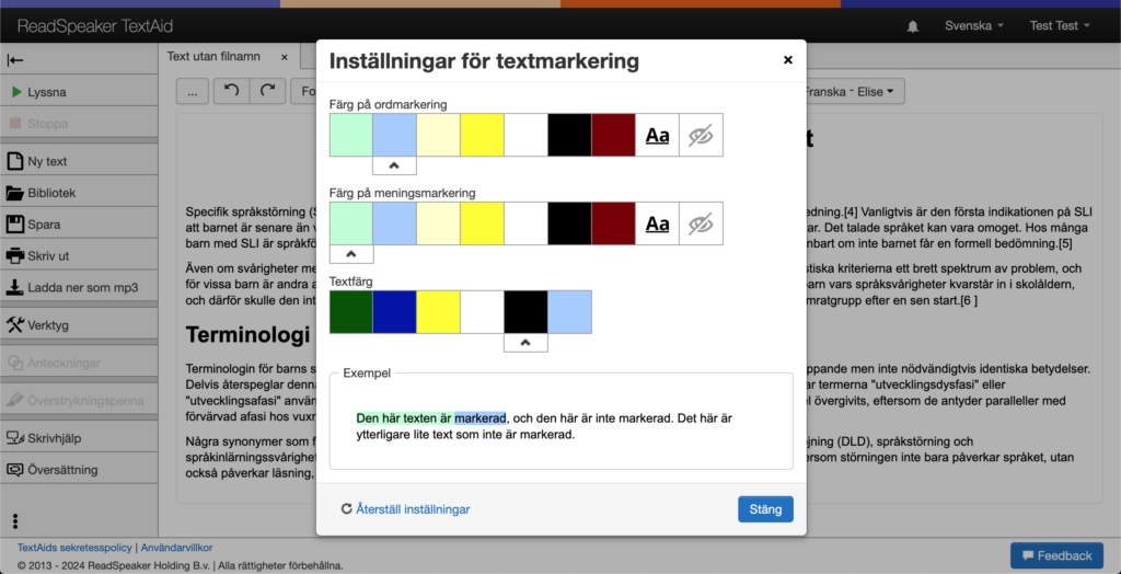 Digitala hjälpmedel för dyslexi: Skärmdump av ReadSpeaker TextAids användargränssnitt som visar läslinjalen.