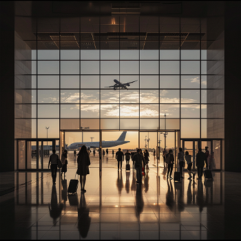 Realistic photo of an airport with large windows and people walking around, airplane in the background, sunset light.