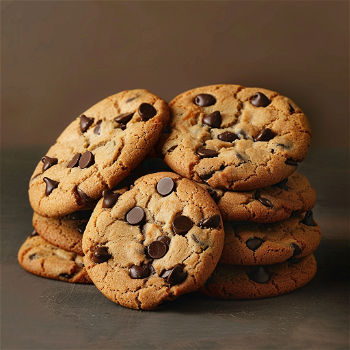 Chocolate chip cookies, stacked on top of each other, product photography, studio lighting, brown background.