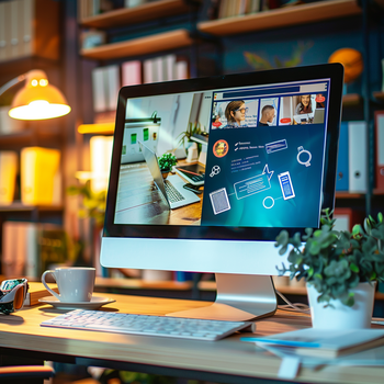 A computer screen displays an online meeting platform, showing chat and video call icons in blue shades. The background shows a cozy home office at night, illuminated by warm lighting from lamps above bookshelves. In front of the monitor a coffee cup and paper documents stand. A small potted plant adds to its serene atmosphere.