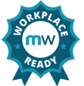 A badge with the text "workplace ready" in white and teal on a transparent background.